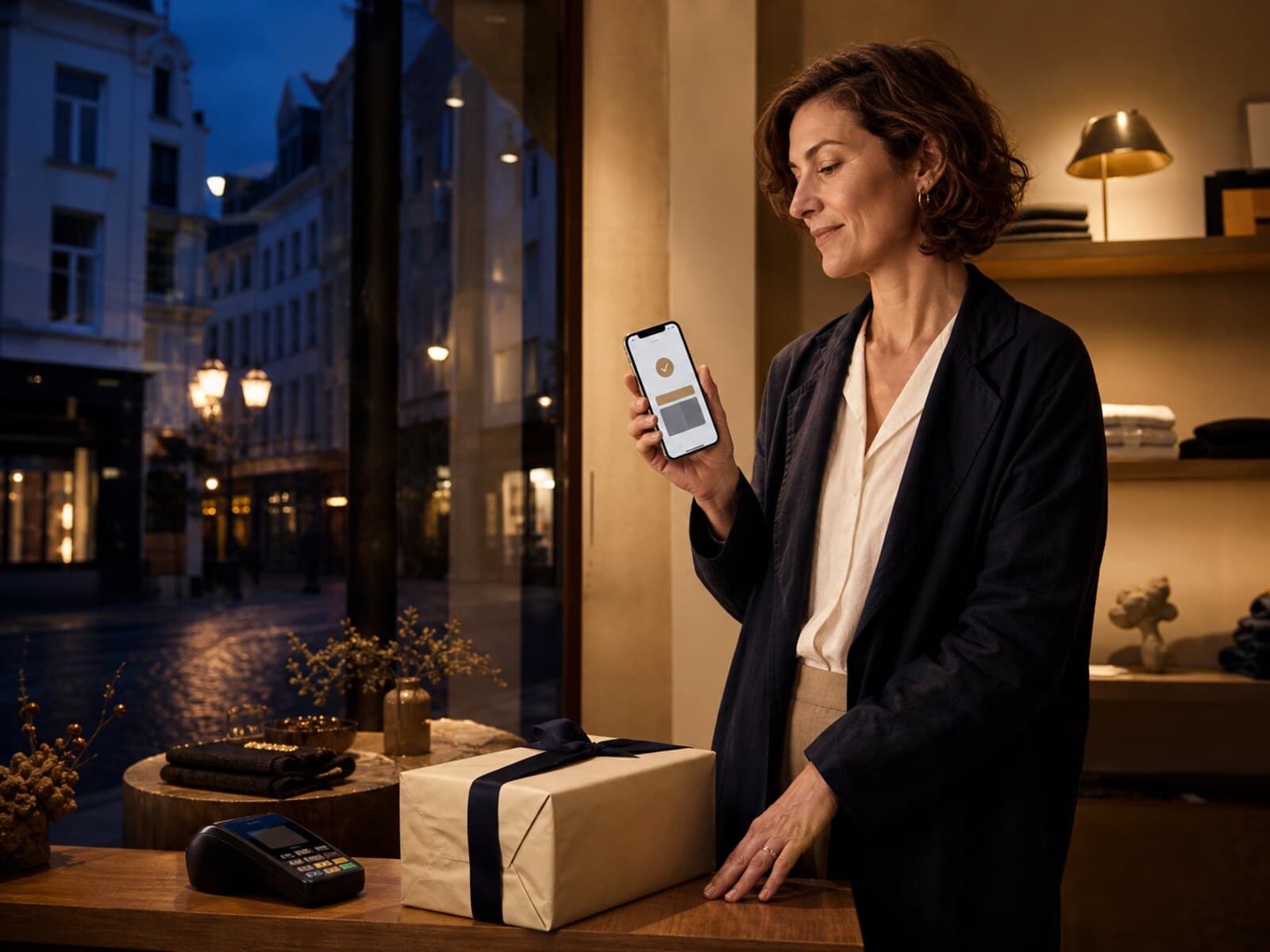 Cliente réglant son achat par carte au comptoir d’une boutique