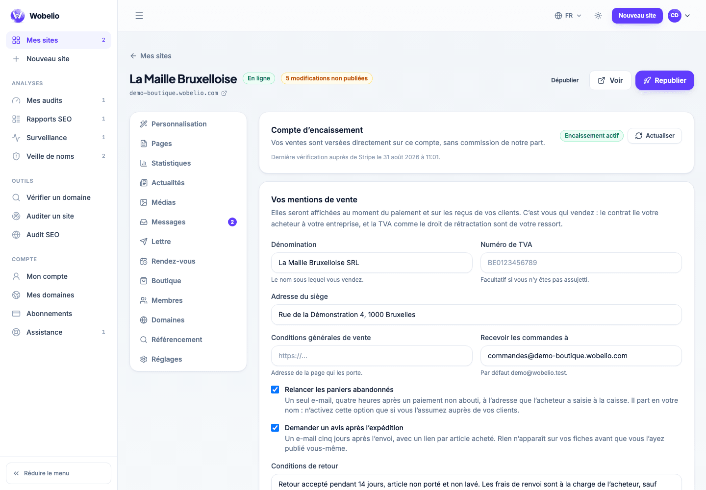 Réglages d’une boutique Wobelio : mentions de vente et e-mails automatiques.