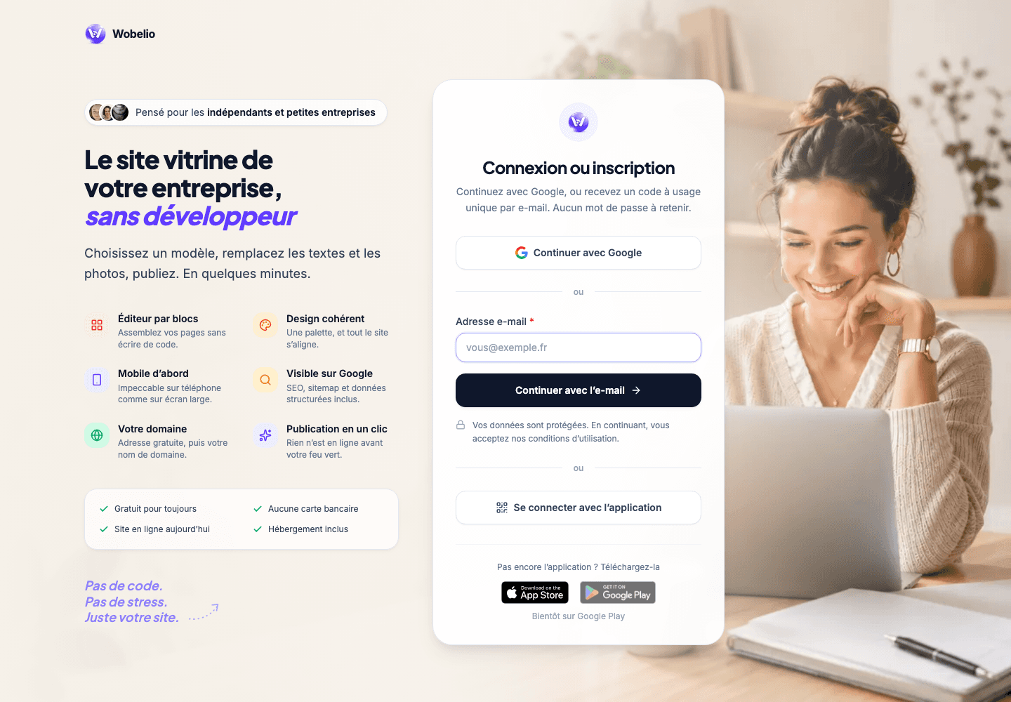 Page de connexion Wobelio sur ordinateur avec les choix Google, e-mail et application.