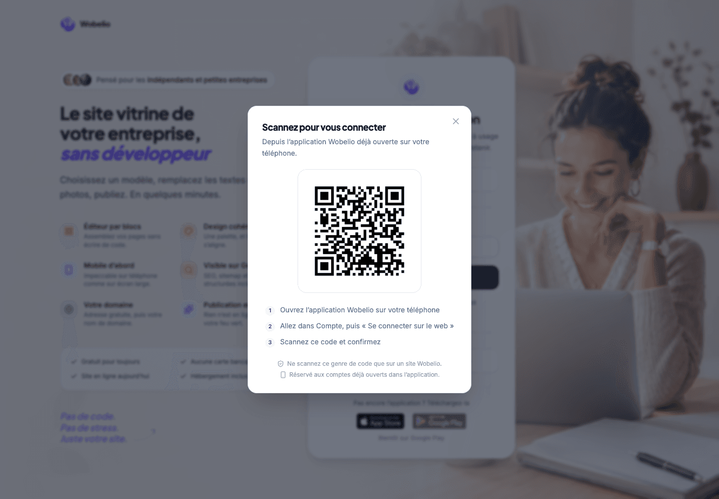 Fenêtre de connexion Wobelio par QR code affichée sur ordinateur.