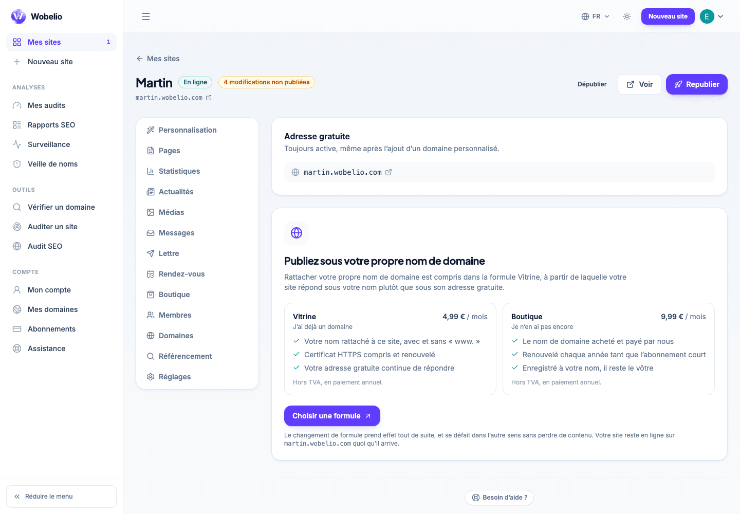 Gestion des domaines d’un site Wobelio avec son adresse gratuite et les domaines personnalisés.
