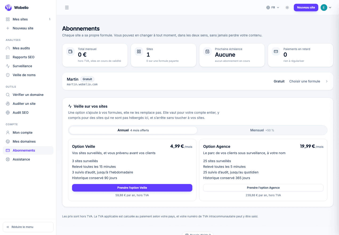 Écran Abonnements de Wobelio avec la formule du site et les options disponibles.