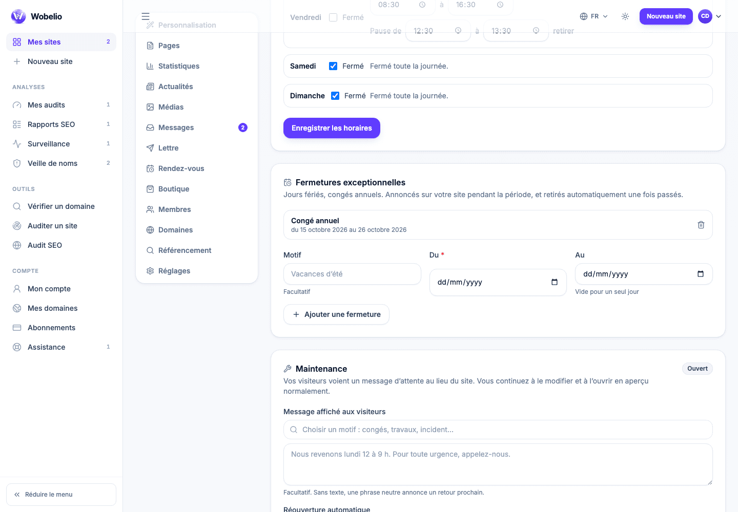 Carte Maintenance des réglages d’un site Wobelio.