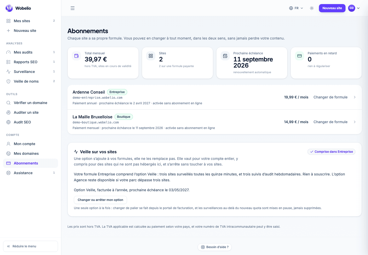 Écran Abonnements de Wobelio, avec les options de veille du compte.