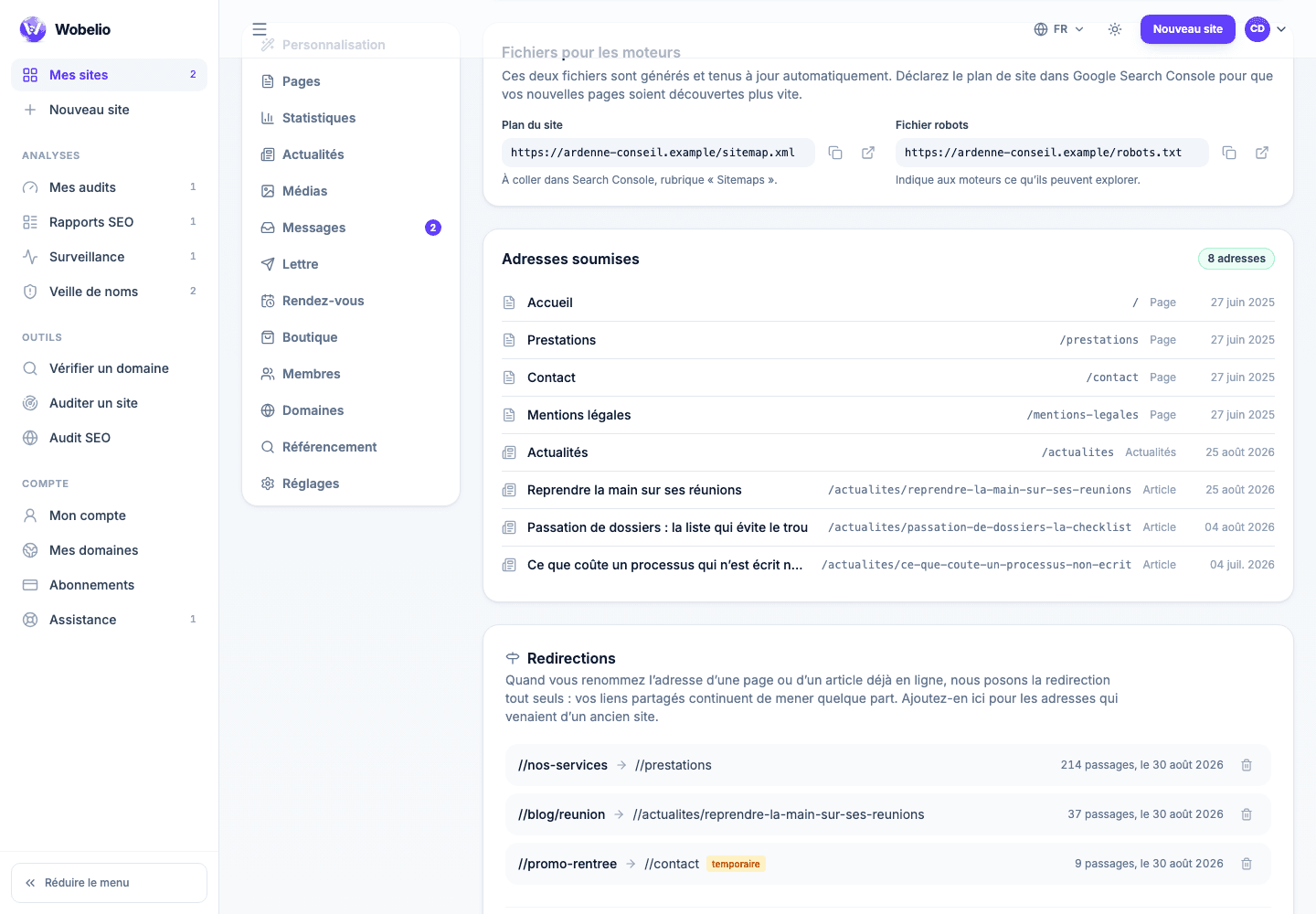 Section des redirections de l’écran Référencement d’un site Wobelio.
