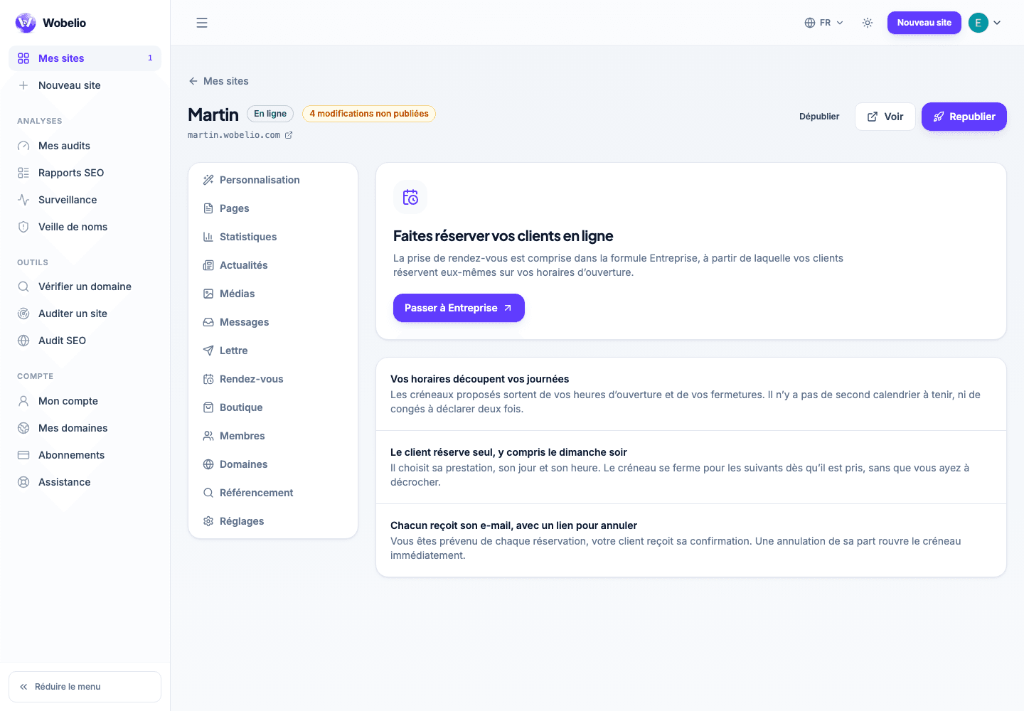 Écran Rendez-vous de Wobelio expliquant comment activer les réservations en ligne.