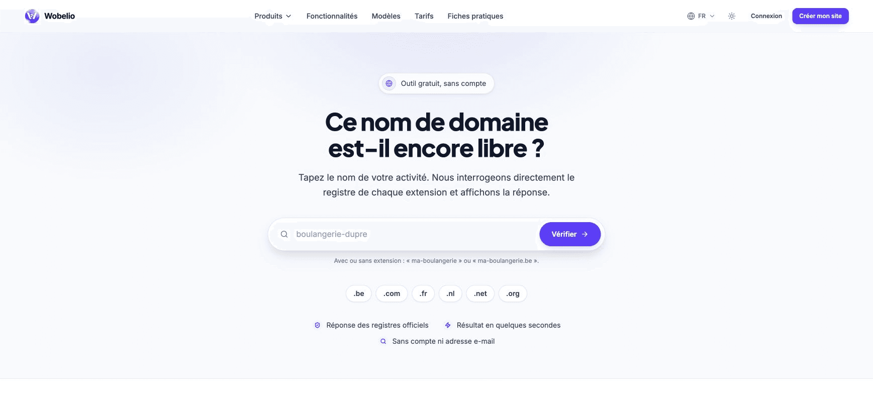 Outil web Wobelio permettant de vérifier si un nom de domaine est disponible.