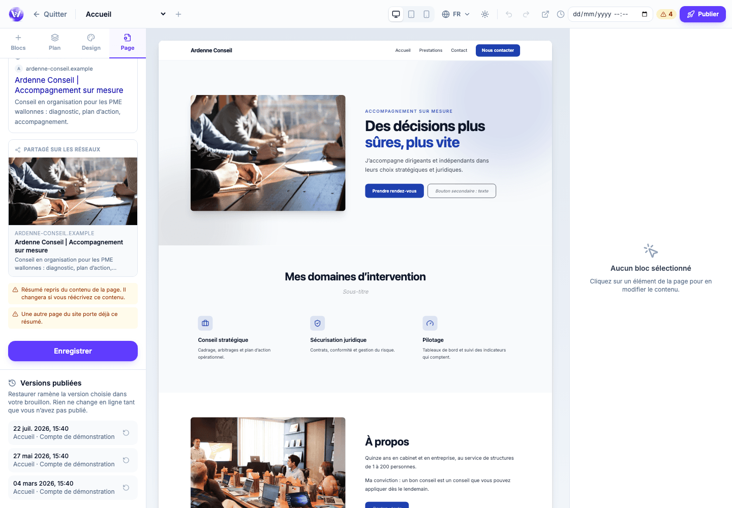 Panneau Page de l’éditeur Wobelio, avec la liste des versions publiées.