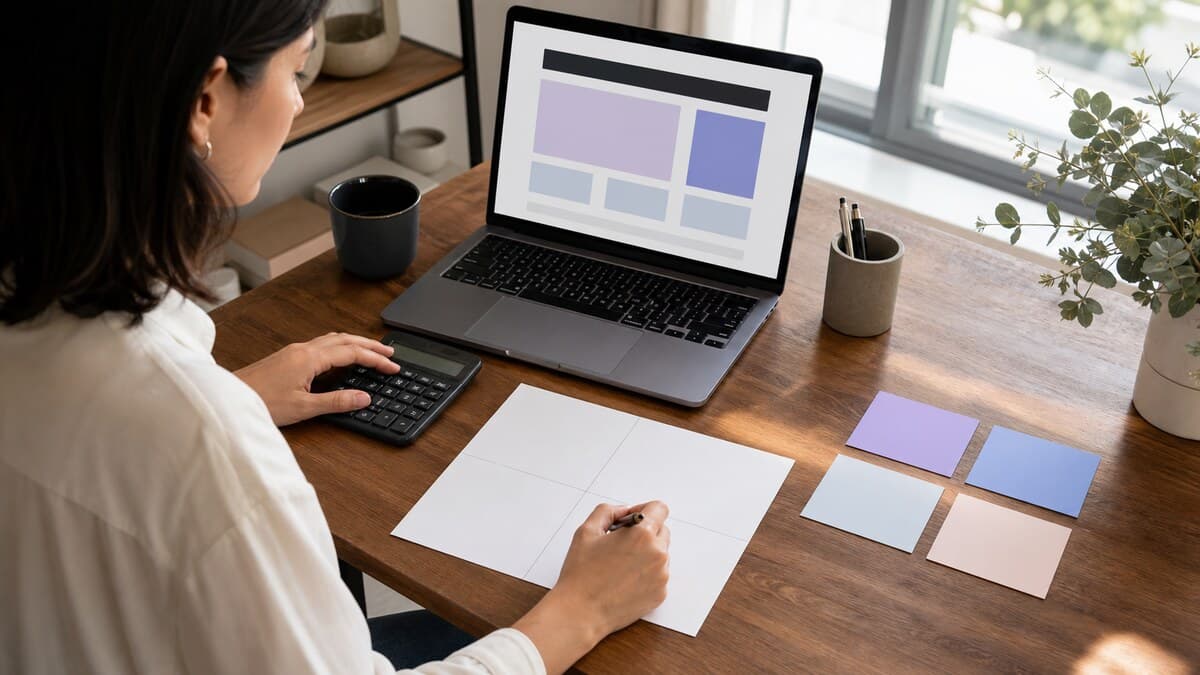 Entrepreneur calculant le budget d’un site professionnel devant un ordinateur affichant une maquette web
