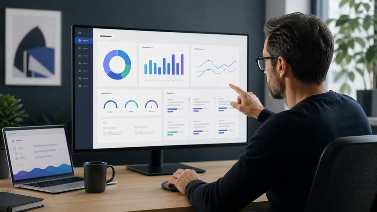 Spécialiste analysant les graphiques et indicateurs d’un audit SEO sur un grand écran moderne