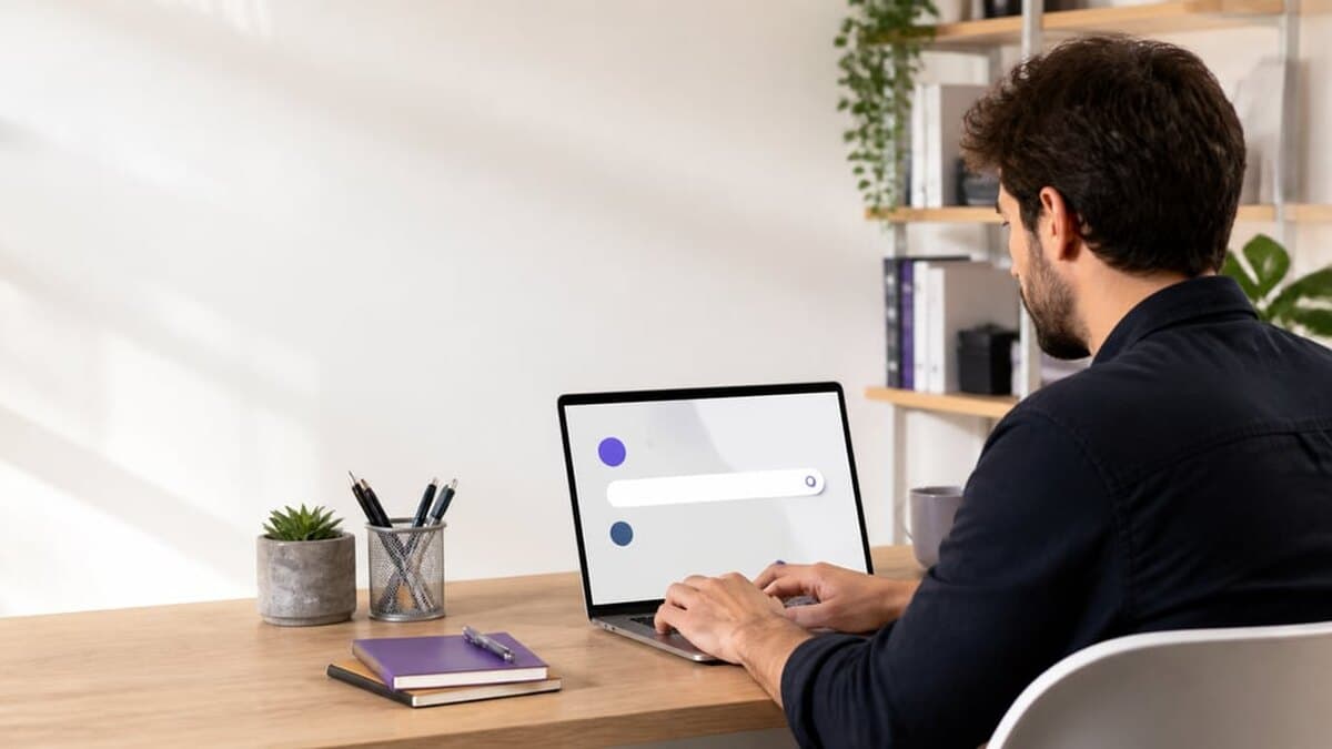 Entrepreneur recherchant la disponibilité d’un nom de domaine sur un ordinateur portable dans un bureau lumineux