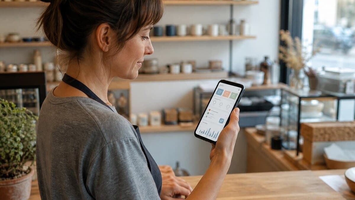 Commerçante en train de gérer son site depuis son téléphone, derrière le comptoir de sa boutique