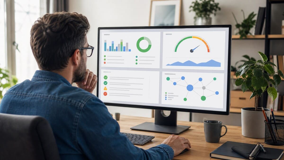 Spécialiste comparant quatre tableaux de diagnostic SEO complémentaires sur un grand écran