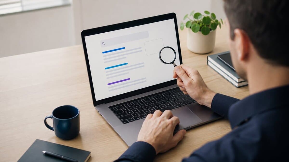 Entrepreneur examinant avec une loupe des résultats de recherche abstraits affichés sur son ordinateur portable