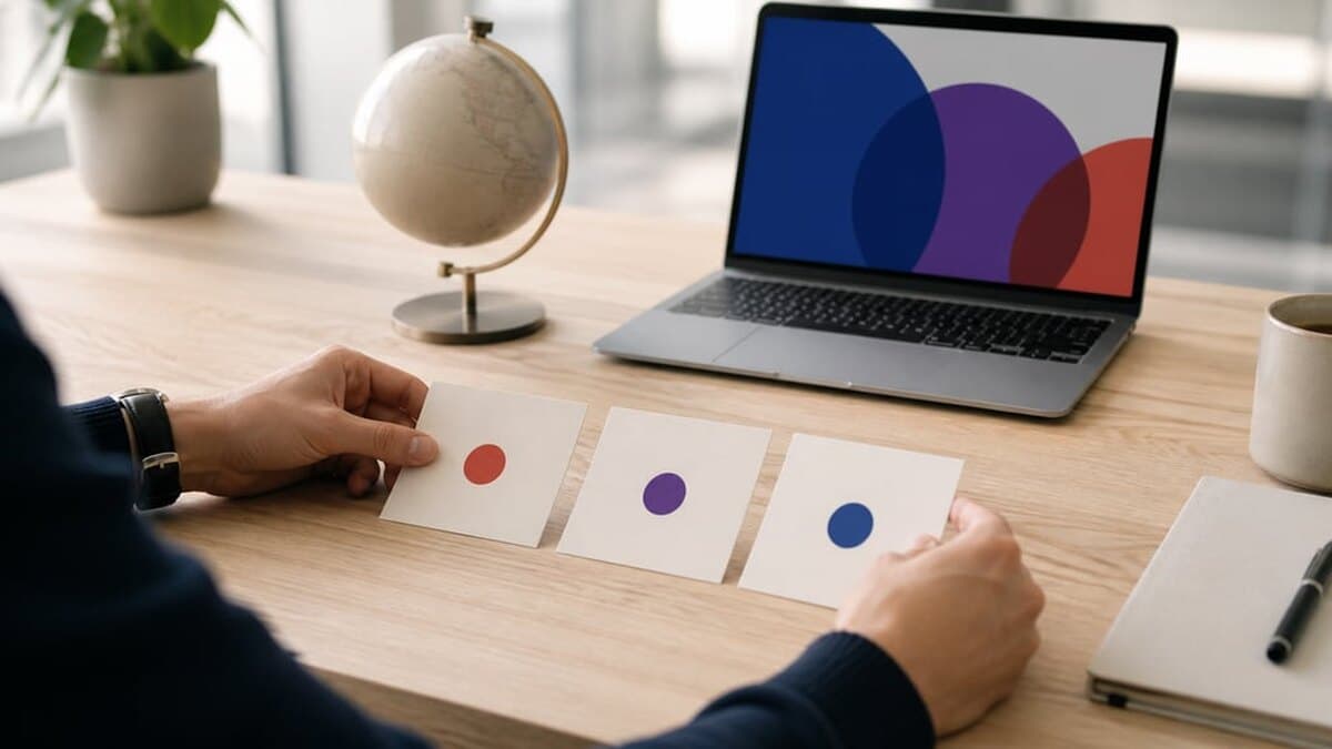 Entrepreneur comparant trois options de domaine devant un ordinateur et un globe dans un bureau contemporain
