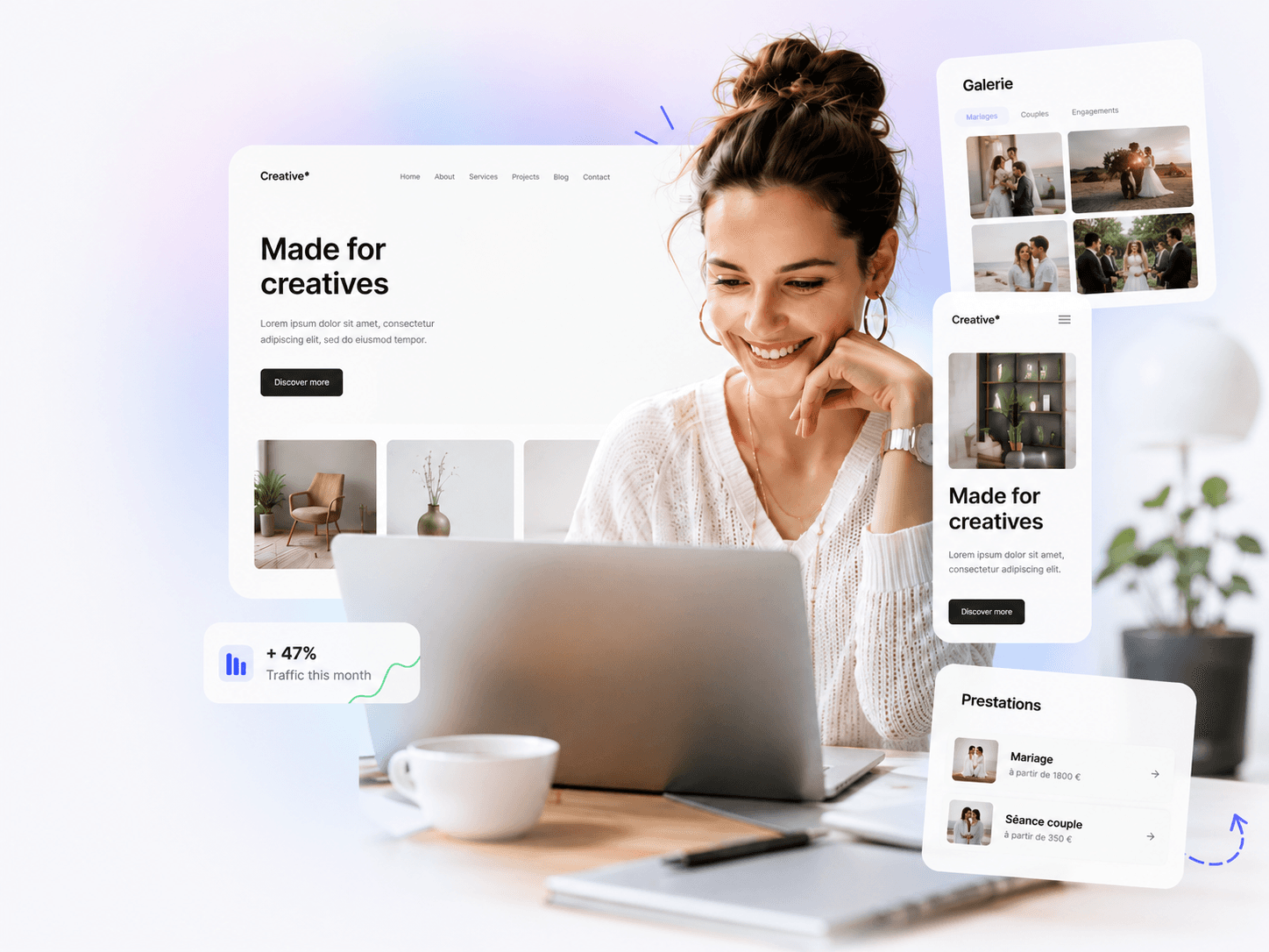 Une entrepreneuse consulte son site sur un ordinateur portable, entourée d’aperçus de sa galerie, de ses prestations et de sa fréquentation