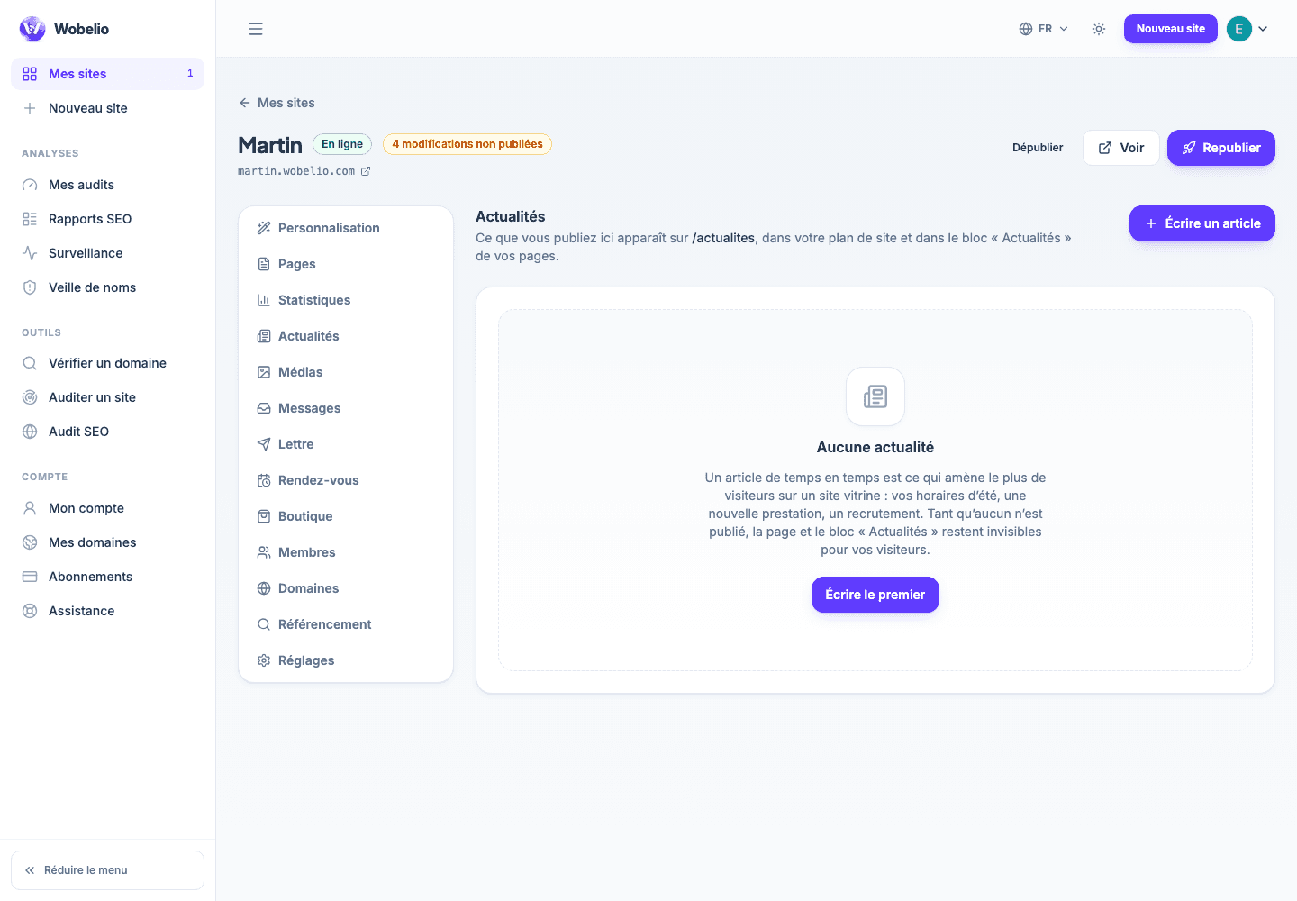 Écran Actualités de Wobelio avec l’action permettant d’écrire un article.