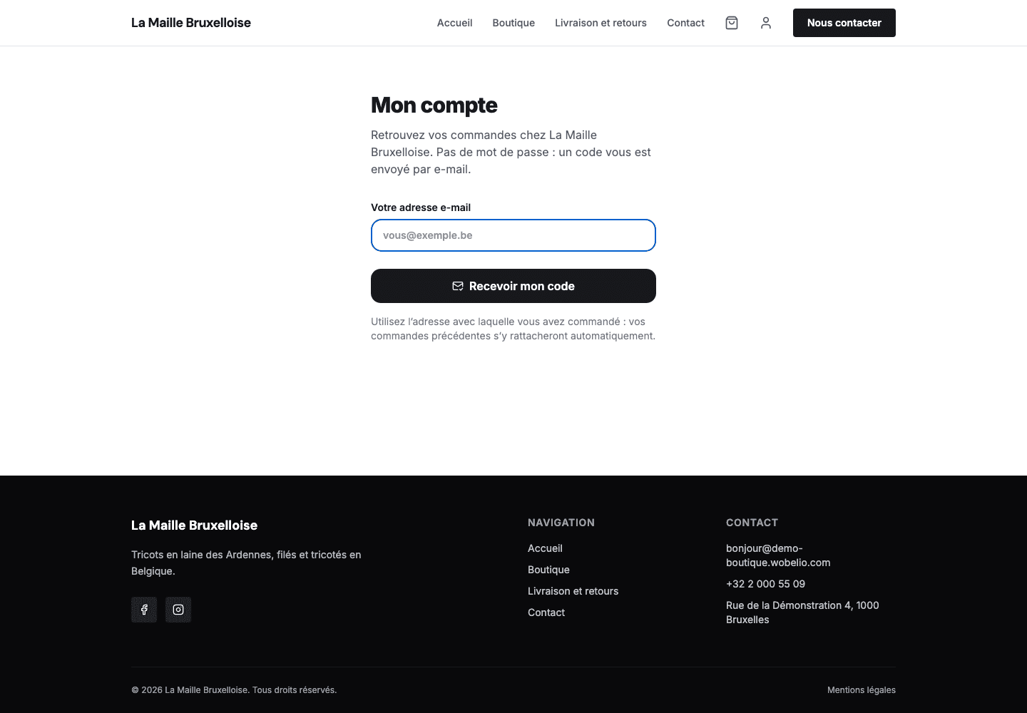 Écran de connexion de l’espace acheteur d’une boutique Wobelio.