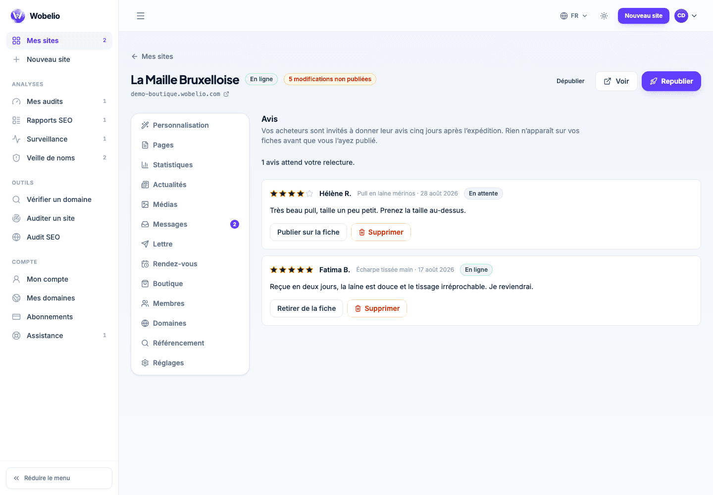 Écran des avis clients d’une boutique Wobelio, avec un avis en attente.