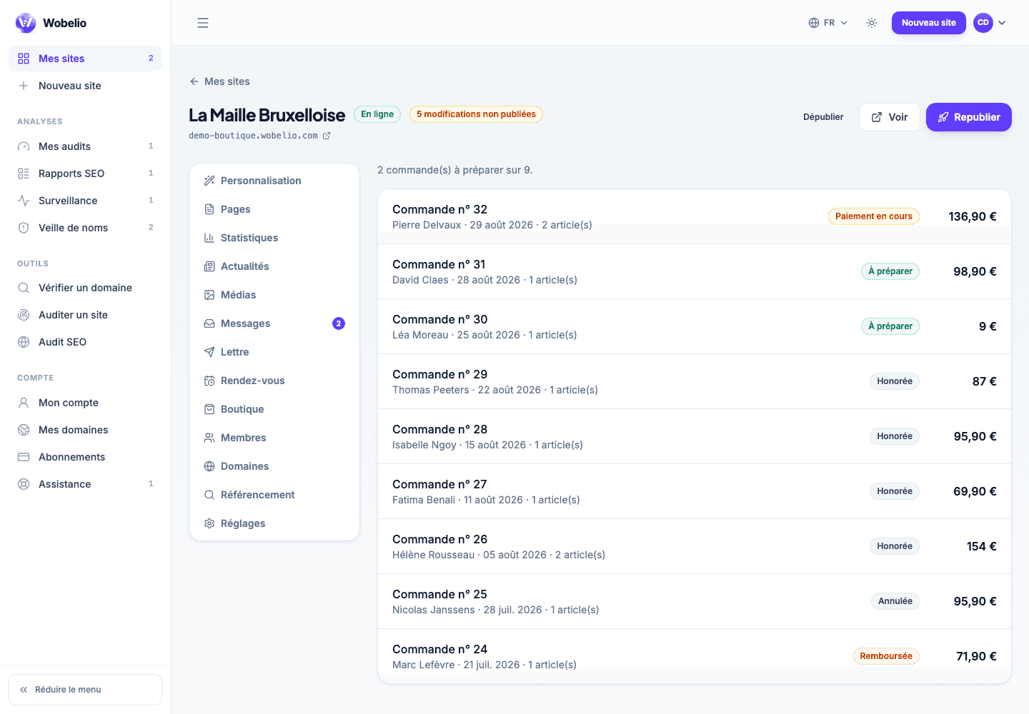Liste des commandes d’une boutique Wobelio, avec leur état.
