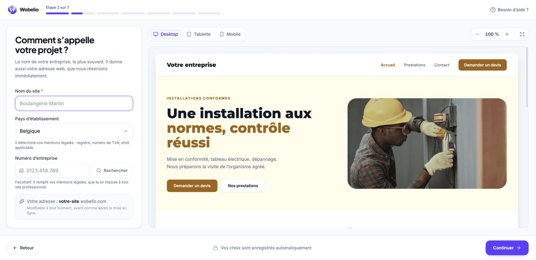 Deuxième étape du parcours Wobelio montrant le formulaire du projet et l’aperçu du site généré.
