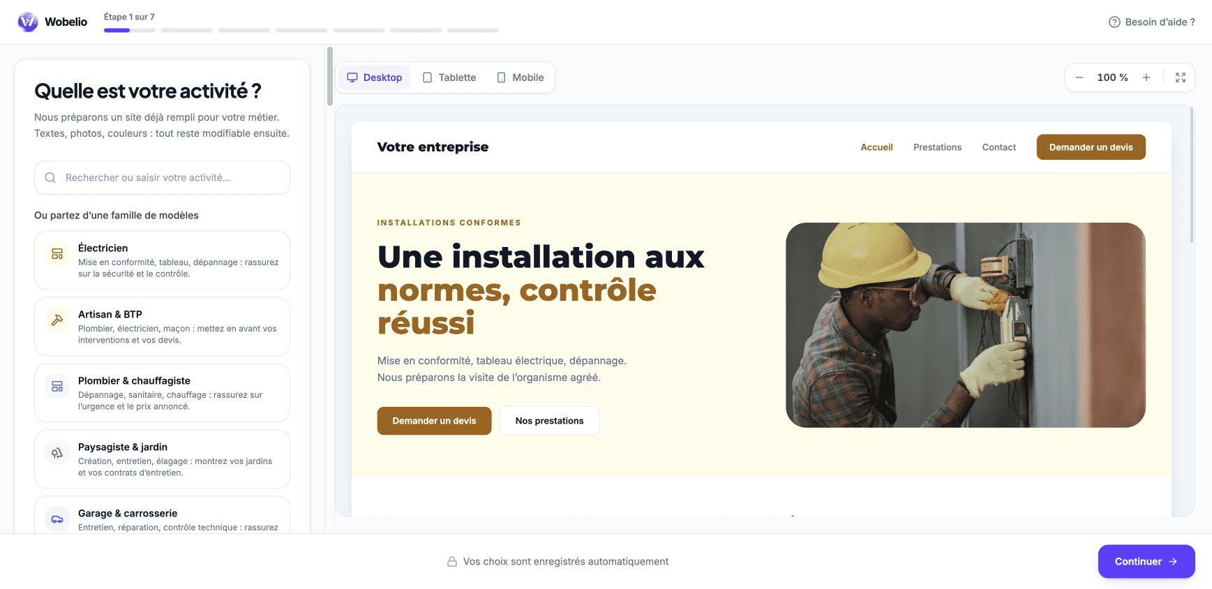 Première étape du parcours Wobelio avec la recherche d’activité et les familles de modèles.