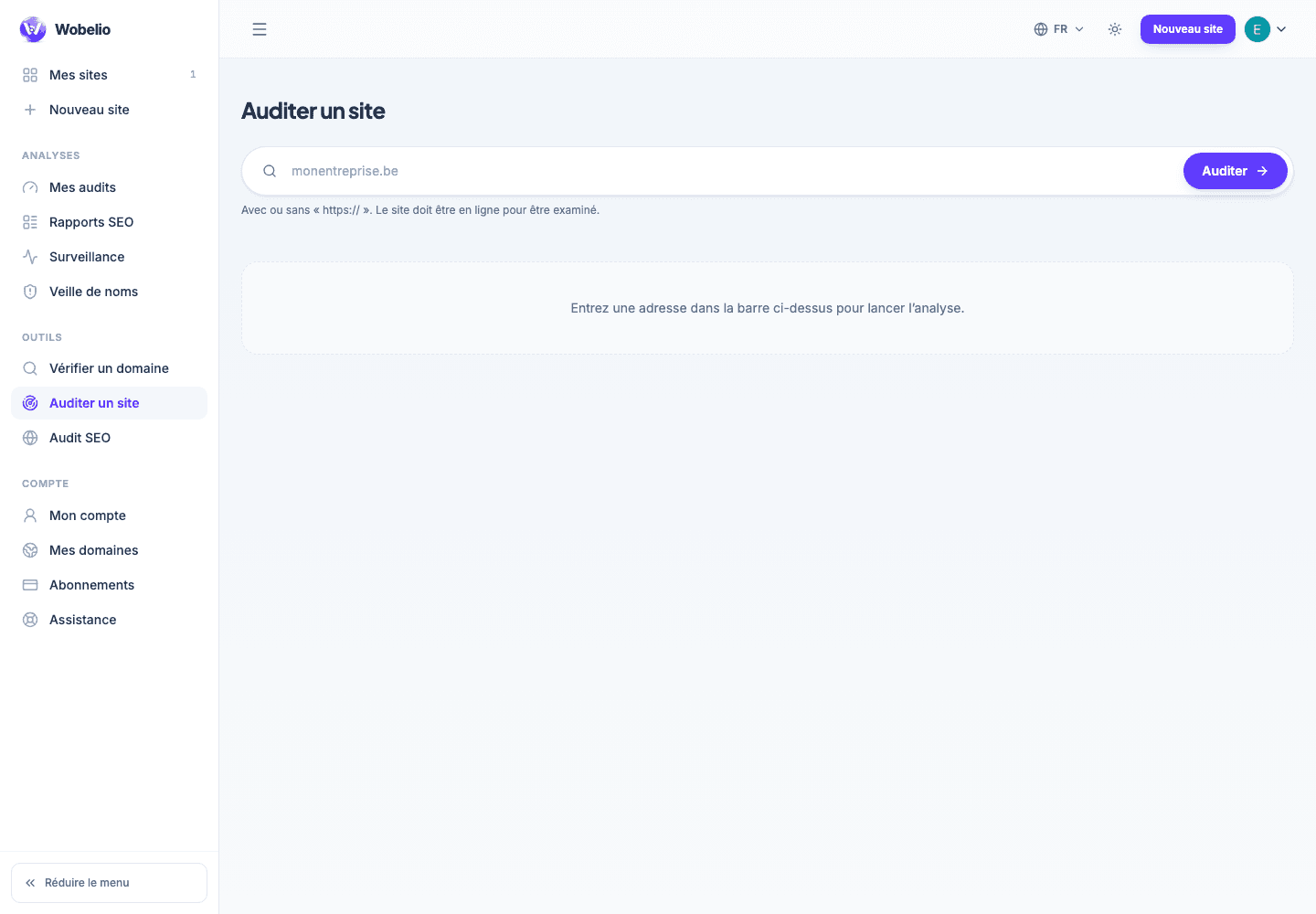 Outil Wobelio permettant de lancer un audit de site depuis le tableau de bord.