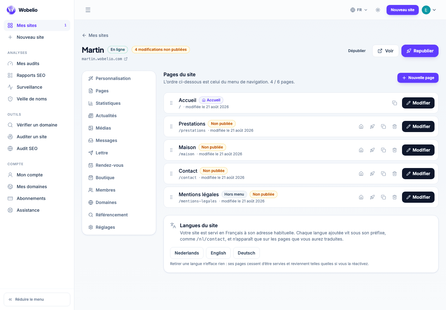 Écran Pages de Wobelio montrant les pages du site, leurs adresses et leurs actions.