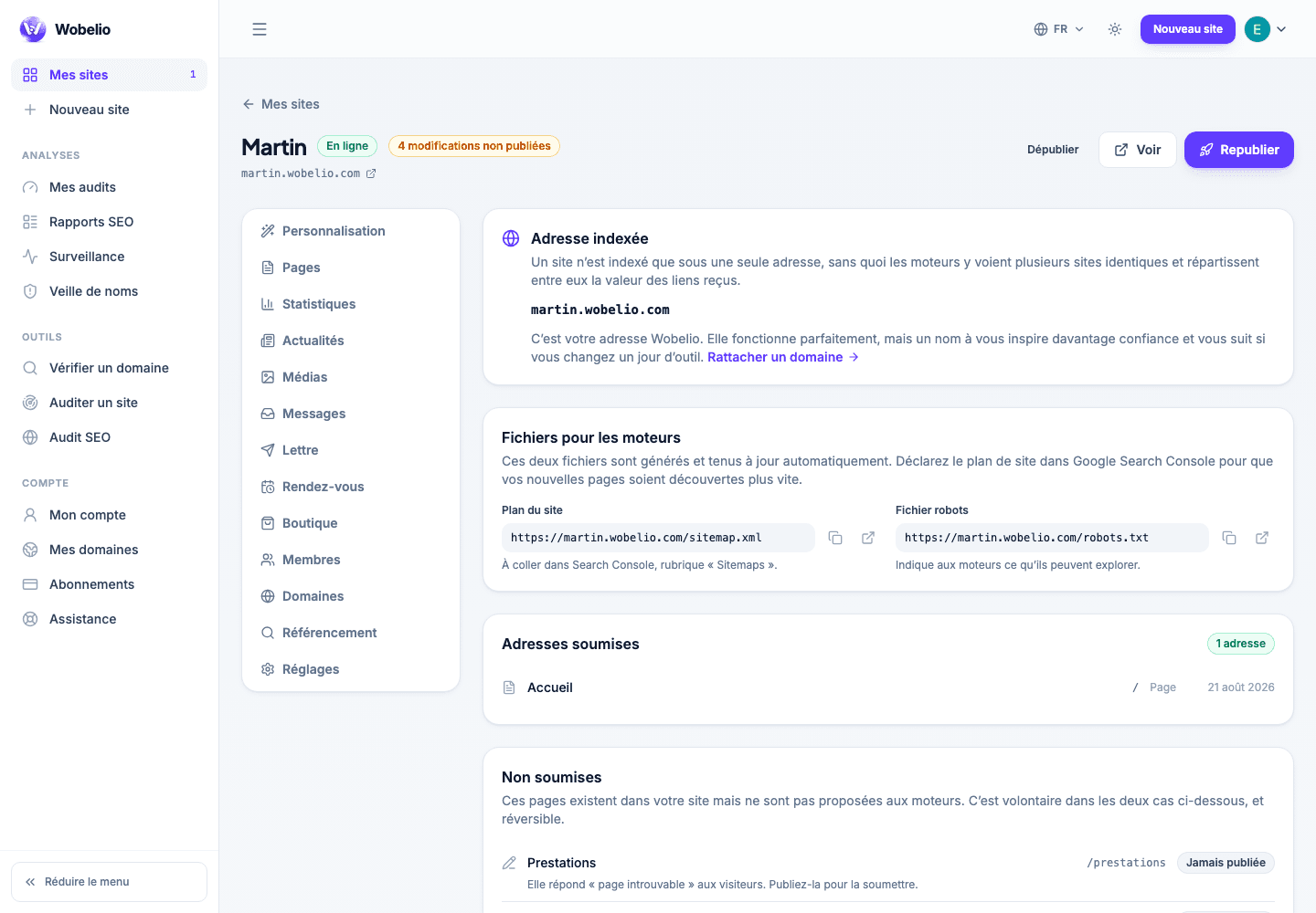 Réglages de référencement Wobelio avec l’adresse indexée et les titres des pages.