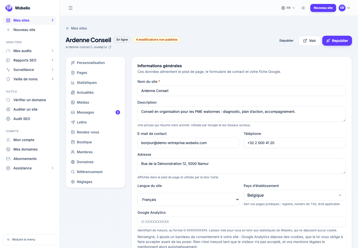 Écran Réglages d’un site Wobelio, section des informations générales.